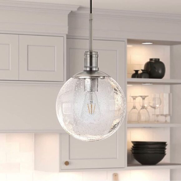 Walker 9" Wide Pendant with Glass Shade in Brushed Nickel /Seeded - Picture 1 of 6